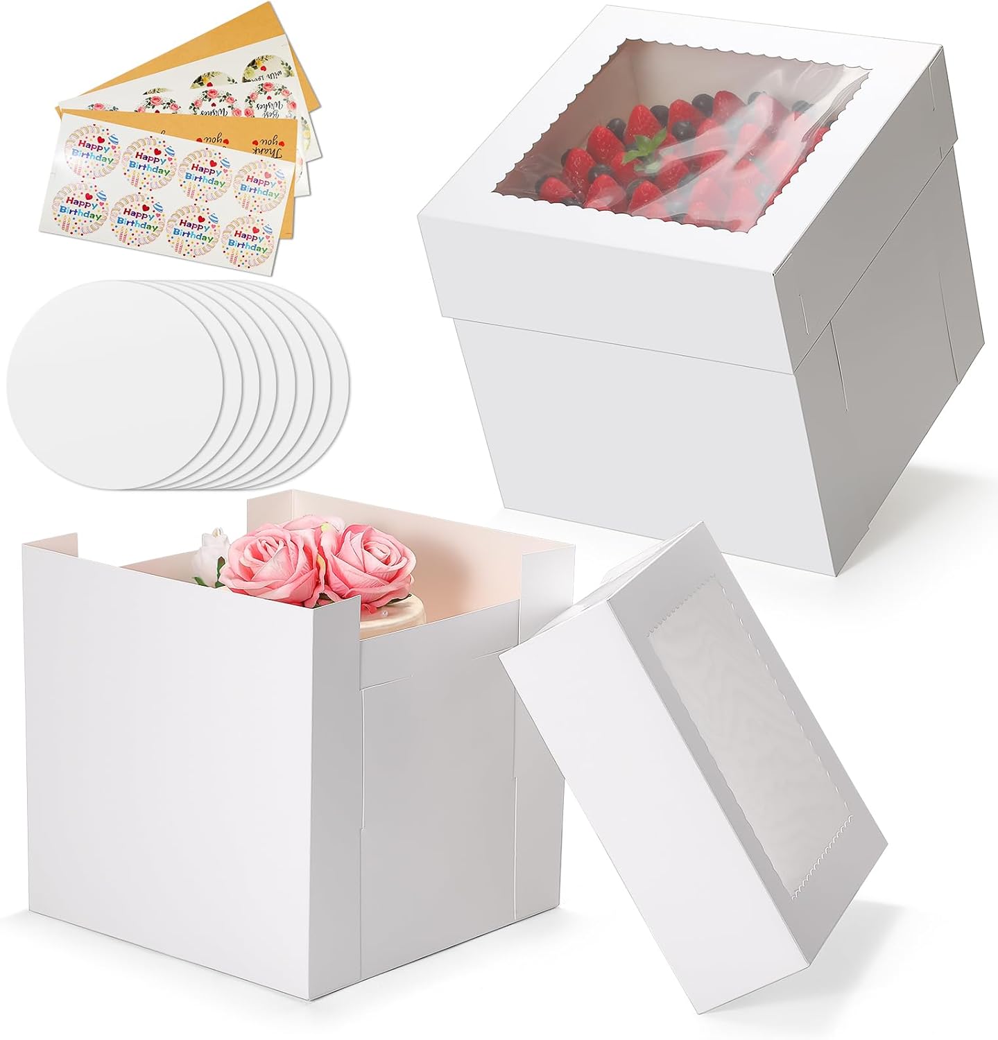COTOPHER 50 Pcs Cake Boxes 8 Inch, 8x8x5 Inches Cake Containers (25 Boxes & 25 Boards), White Bakery Boxes with Windown for Cookies, Desserts, Cupcake, Pastries, Birthday, Wedding, Mother's Day