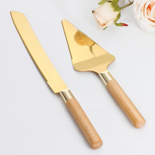 Gold Cake Cutting Set for Wedding, Wood Cake Knife and Server Set, Vintage 2-Piece Pie Cutter Set, Serrated Pizza Dessert Utensils, Bridal Birthday Quinceañera Gift (Walnut color)