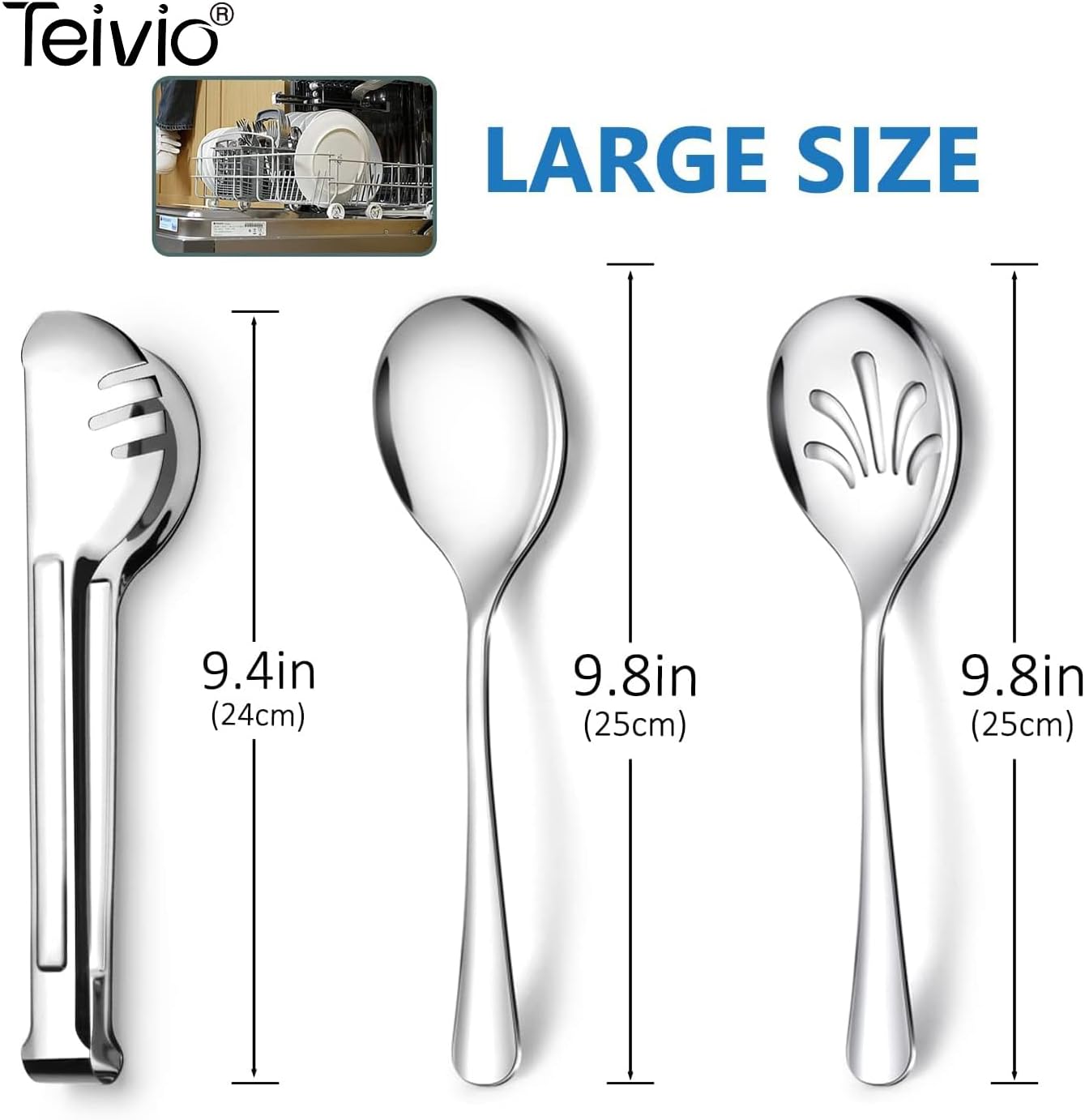 Teivio Stainless Steel Metal Serving Utensils - Large Set of 9-10" Spoons, 10" Slotted Spoons, and 9" Tongs (Silver)