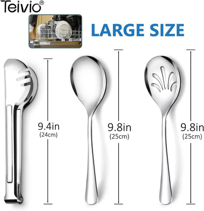Teivio Stainless Steel Metal Serving Utensils - Large Set of 9-10" Spoons, 10" Slotted Spoons, and 9" Tongs (Silver)