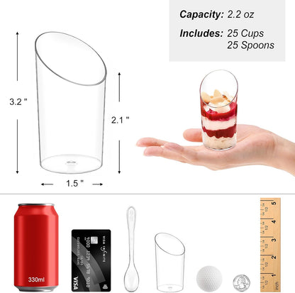 Zezzxu 50 Pack Mini Dessert Cups with Spoons, 2.2 oz Plastic Small Dessert Shotter Cups Slanted Appetizer Cups for Serving Mousse Pudding Triffle