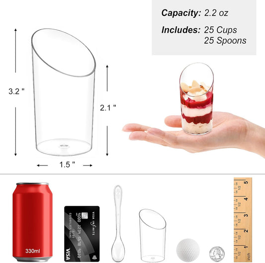 Zezzxu 50 Pack Mini Dessert Cups with Spoons, 2.2 oz Plastic Small Dessert Shotter Cups Slanted Appetizer Cups for Serving Mousse Pudding Triffle