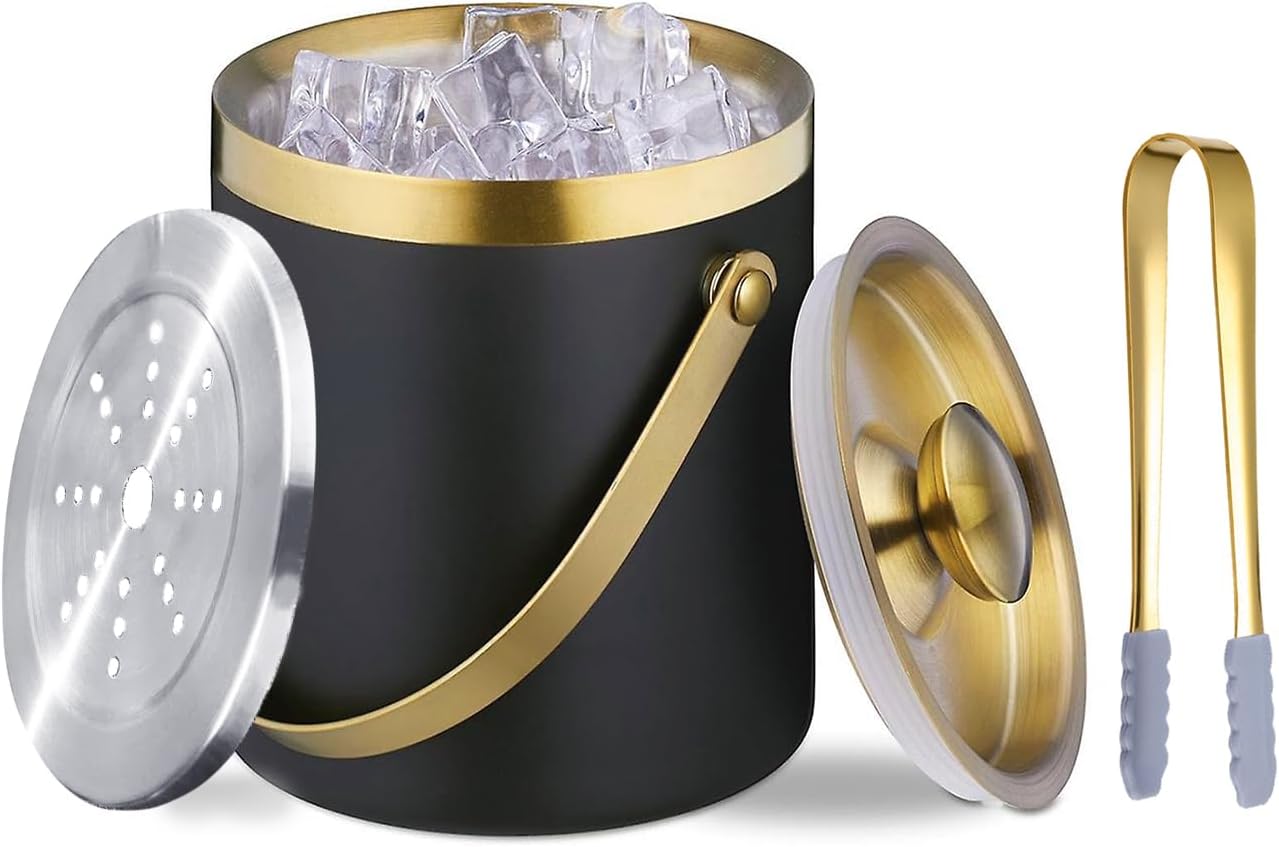 Ice Bucket with Lid, Handle and Tong Black Gold Insulated Stainless Steel Champagne Bucket 2L Wine Bucket for Party Bar Cart Accessories Large Double Wall Bucket Keep Frozen