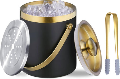 Ice Bucket with Lid, Handle and Tong Black Gold Insulated Stainless Steel Champagne Bucket 2L Wine Bucket for Party Bar Cart Accessories Large Double Wall Bucket Keep Frozen
