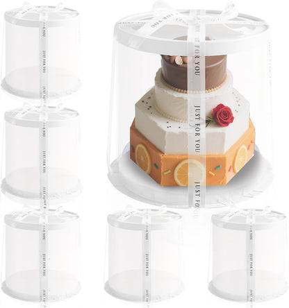 JCD Pink Multi-Layer 10 * 10 Inch Round Clear Cake Boxs with Ribbon,6 Pack Tall Transparent Packaging Cake Containers PET Cake Carrier Box for Birthday (Pink, Round 10inch/6pcs)
