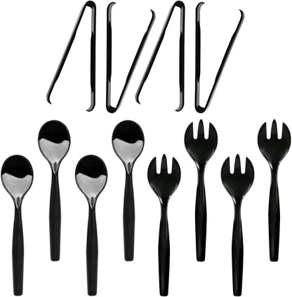 Party Essentials Disposable Heavy Duty Plastic Serving Utensils for Buffets Events Parties, 4-Sets of Spoons/Forks/Tongs, Black