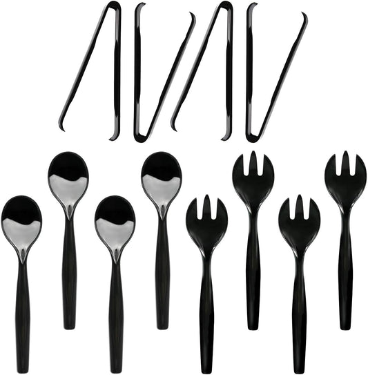 Party Essentials Disposable Heavy Duty Plastic Serving Utensils for Buffets Events Parties, 4-Sets of Spoons/Forks/Tongs, Black