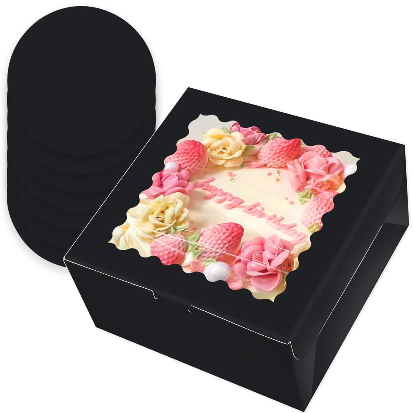 qiqee 10x10x5 Cake Box, 4 Sets Pink Cake Box with Window ＆ 4 Sets 10" Pink Cake Round Boards, 10inch Cake Containers