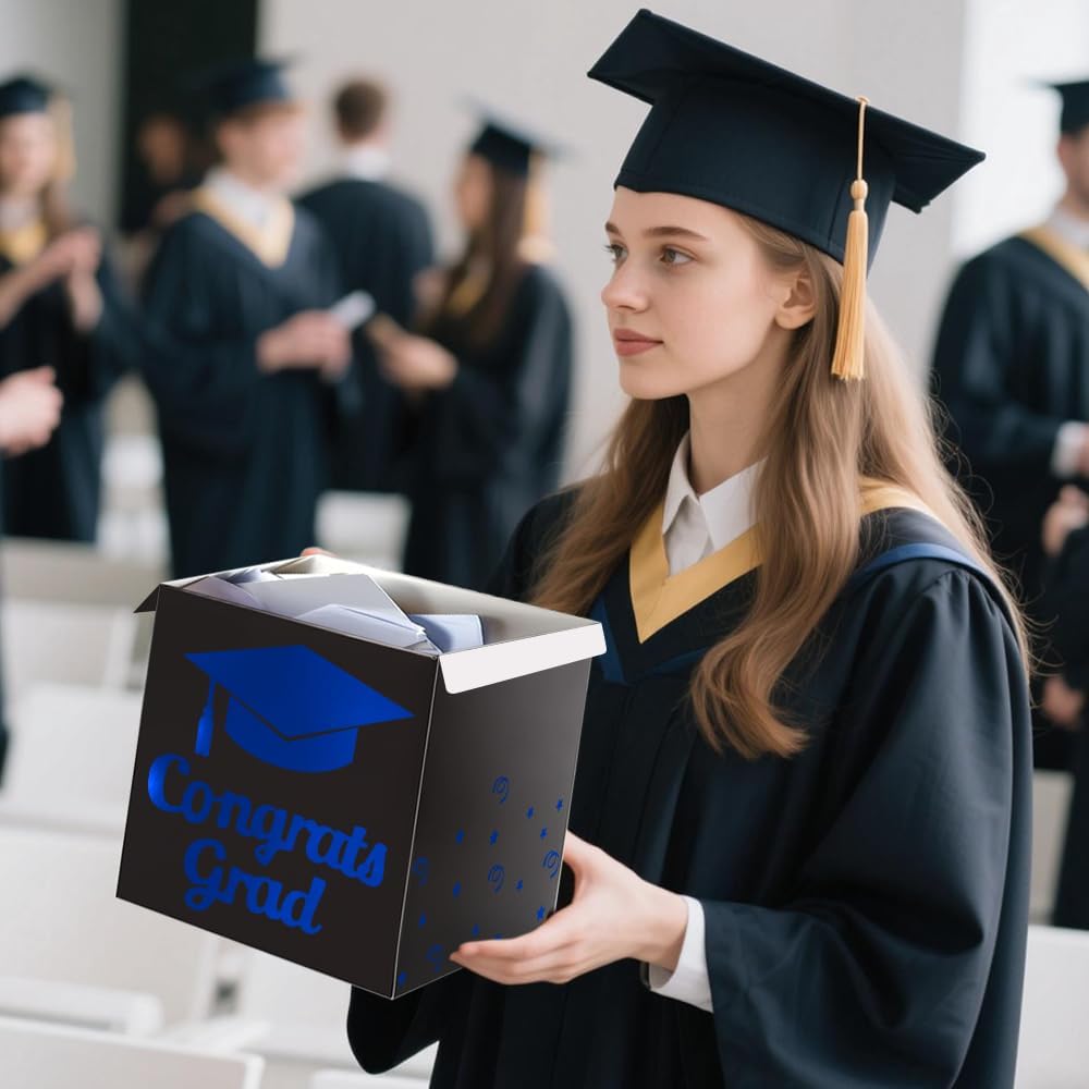 Graduation Card Box Holder, Congrats Grad Foldable Cardboard Decorations Box for Graduation Party Decoration and Grad Parties (Black)