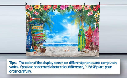 7x5ft Summer Hawaiian Beach Photography Backdrop Tropical Flower Palm Leaves Surfboard Background for Luau Aloha Party Decoration Banner Photo Booth