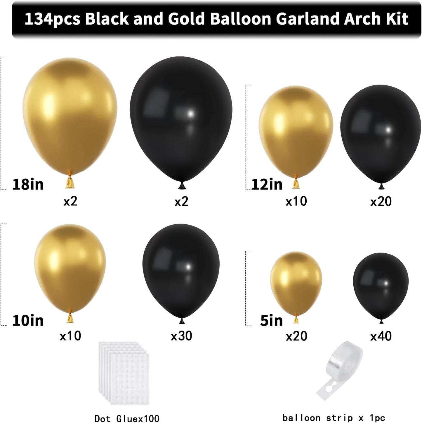 Black and Gold Balloons Garland Arch Kit, 134pcs Black and Metallic Gold Balloons with Different Size for 2026 Graduation Decorations, New Year, Birthday, Anniversary Party Decorations