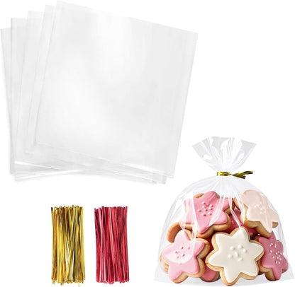 Cello Cellophane Treat Bags,5x7 Inches Clear Cellophane Bags 200 Pcs OPP Plastic Treat Bags with 200 Twist Ties for Gift Wrapping,Packaging Candies,Dessert,Bakery, Cookies, Chocolate,Party Favor