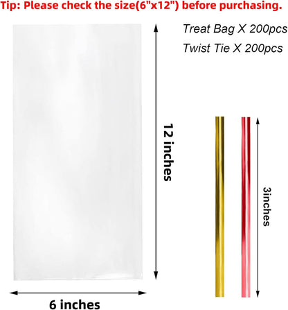 Cello Cellophane Treat Bags,5x7 Inches Clear Cellophane Bags 200 Pcs OPP Plastic Treat Bags with 200 Twist Ties for Gift Wrapping,Packaging Candies,Dessert,Bakery, Cookies, Chocolate,Party Favor