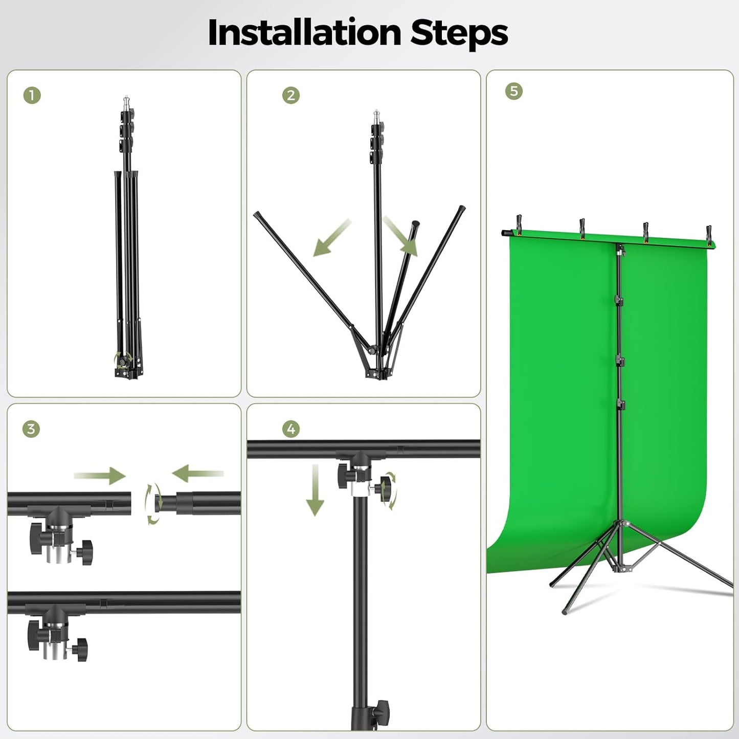 EMART Green Screen Backdrop Kit with Reverse Folding Base, 5x6.5ft Photo Greenscreen Background with Portable T-Shape Stand and 6 Clamps for Photography, Photoshoot, Studio Video Recording, Streaming