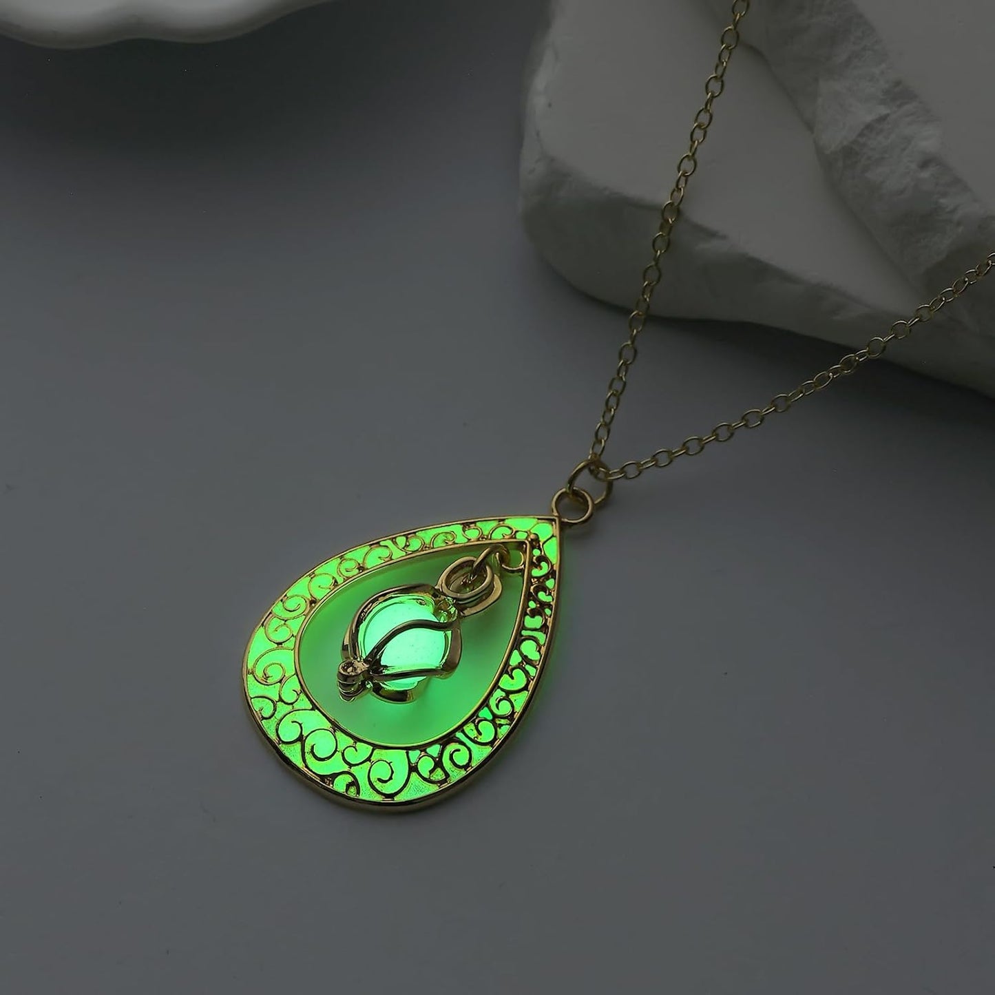 EEQQBZ Glow in The Dark Silver Teardrop shape necklace,Fantasy Glowing Jewelry Charm