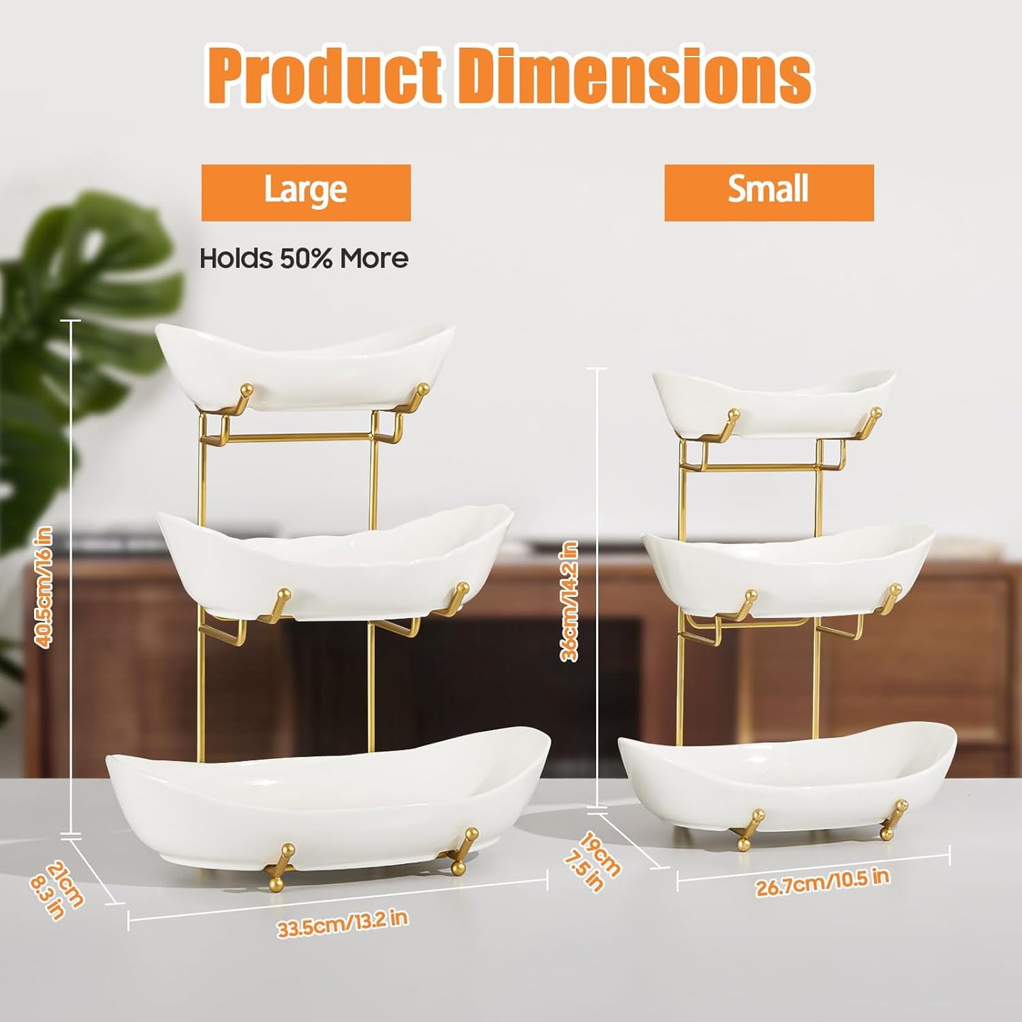 Ceramic Fruit Bowl for Kitchen Counter - 3 Tier Fruit Basket with Metal Stand, Tiered Fruit Stand for Countertop, Snack, Nuts, Cake, Dessert, Cute (Gold, Small) 1
