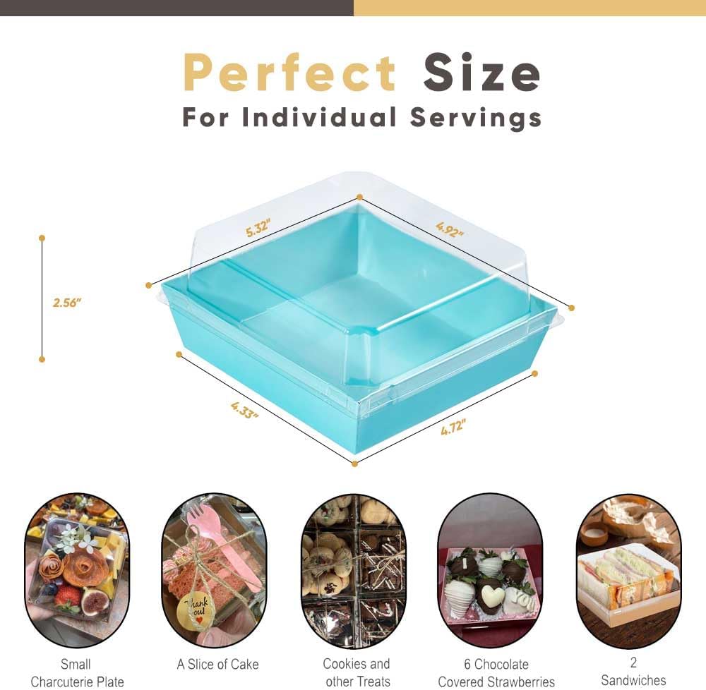 Leafiew 50 Pack Small Charcuterie Boxes with Clear Lids - To Go Paper Mini Charcuterie Box, Disposable Food Containers, 5Inch Dessert Boxes - Sandwich, Cookie, Sushi, Cake Slice, Strawberries (Brown)