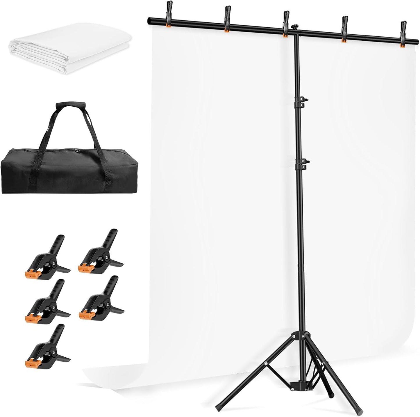 EMART 5 * 6.5ft White Photo Backdrop with Stand Kit for Photography Video Studio，White Screen Photoshoot Background Curtain with T-Shaped Portable Backdrop Stand Carrying Bag 5 Clamps