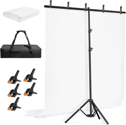 EMART 5 * 6.5ft White Photo Backdrop with Stand Kit for Photography Video Studio，White Screen Photoshoot Background Curtain with T-Shaped Portable Backdrop Stand Carrying Bag 5 Clamps