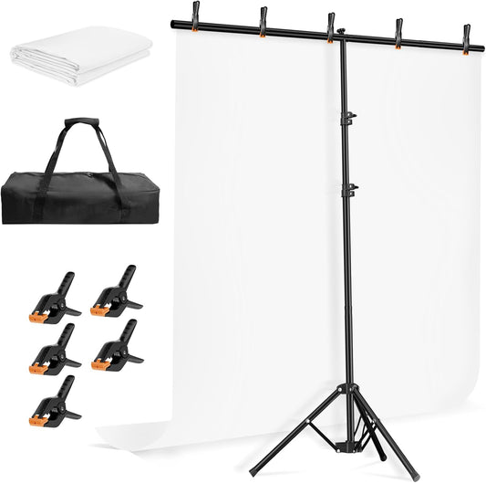 EMART 5 * 6.5ft White Photo Backdrop with Stand Kit for Photography Video Studio，White Screen Photoshoot Background Curtain with T-Shaped Portable Backdrop Stand Carrying Bag 5 Clamps