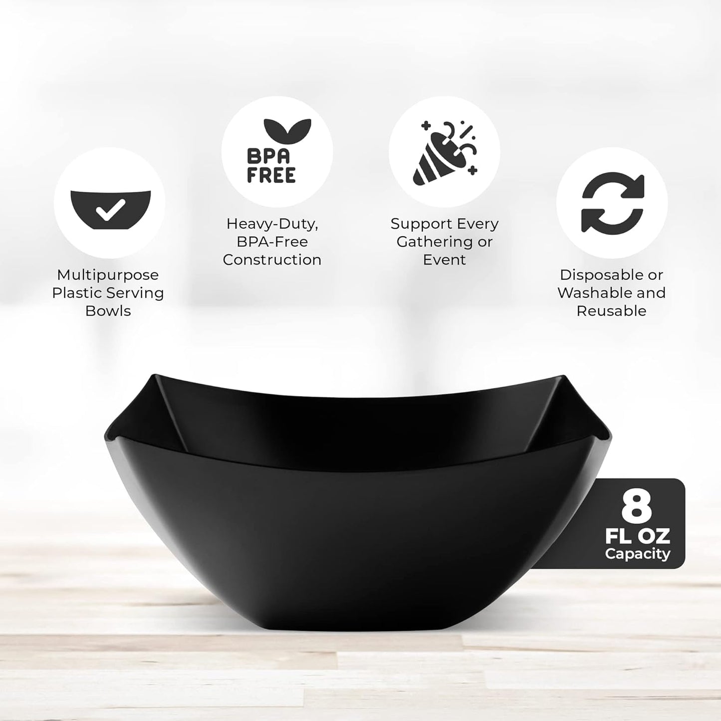 Posh Setting - Clear Plastic Serving Bowls for Party (8oz - 4 Pack) Square, Disposable, Salad & Fruit Bowls for Party Table, Candy Containers for Candy Buffet