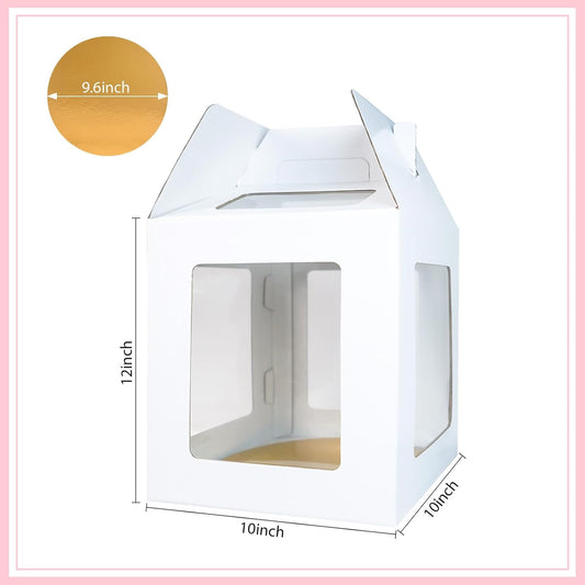 Yeplan 2 Packs Tall Cake Boxes with Cake Board,10x10x12 Inches Large Tiered Cake Carriers with Clear Windows and Handle, Cake Containers for Birthday, Wedding, Party and Festival