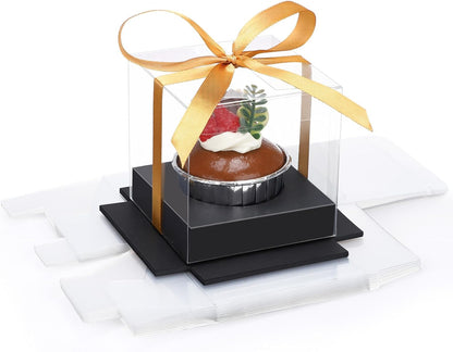 EUSOAR Individual Cupcake Holder, 50pcs 3.5 Inch Plastic Black Cupcake Containers with Lids, Single Transparent Display Clear Cupcake Carrier with Ribbon and Inserts for Wedding Party Favor
