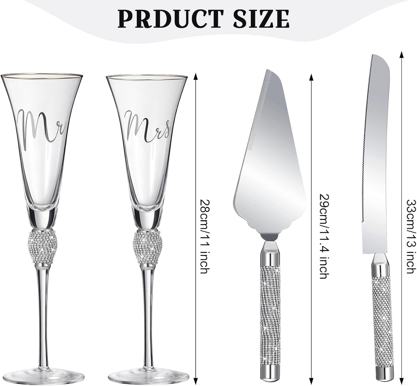 Boao 4 Piece Mr and Mrs Champagne Flutes and Cake Knife Server Set Crystal Wedding Toasting Flutes Rhinestone Cake Cutting Set for Bride and Groom Wedding Engagement Bridal Shower Gifts(Silver)