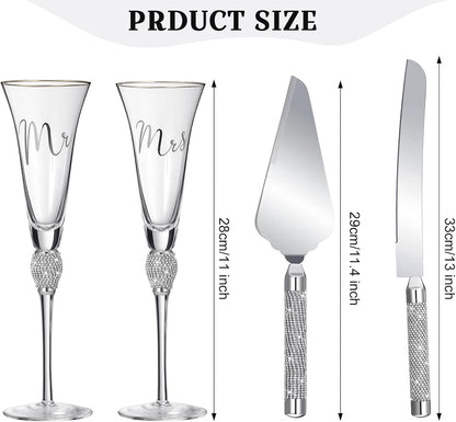 Boao 4 Piece Mr and Mrs Champagne Flutes and Cake Knife Server Set Crystal Wedding Toasting Flutes Rhinestone Cake Cutting Set for Bride and Groom Wedding Engagement Bridal Shower Gifts(Silver)