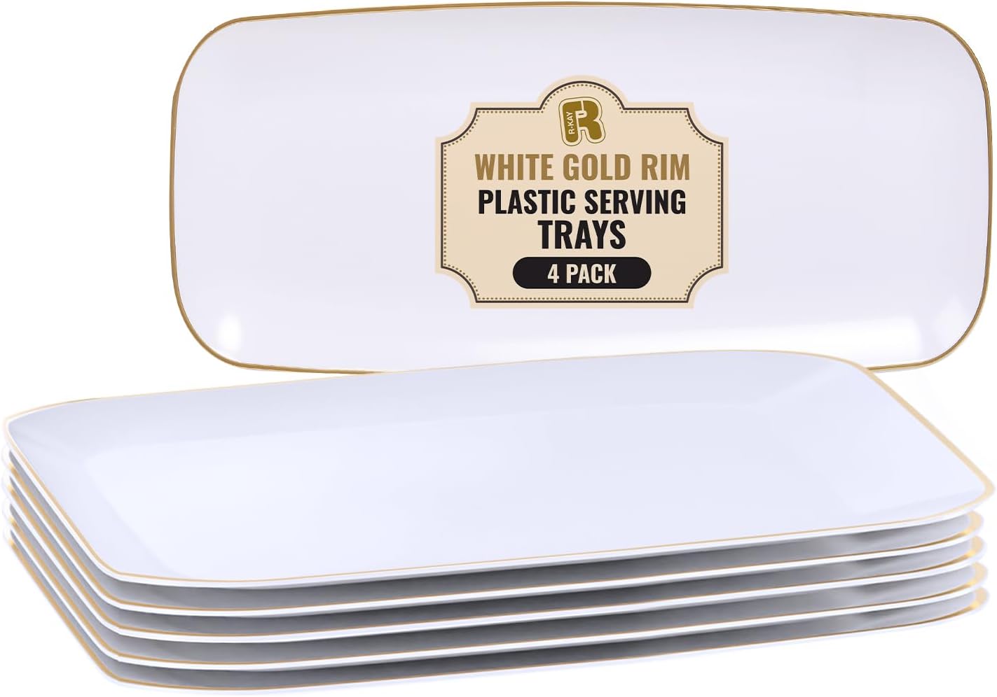 R-kay 4 Pack White Plastic Serving Trays for Party - White Serving Tray 17 by 6.5 in - Rectangular Heavy Duty Dessert Trays for Food