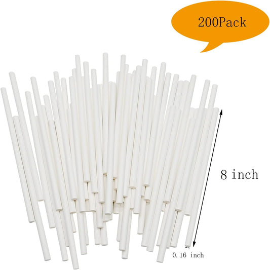 8 Inch White Lollipop Sticks, Lollipop Treat Sticks, for Homemade Candy, Cookies, Dessert, 200 Pcs
