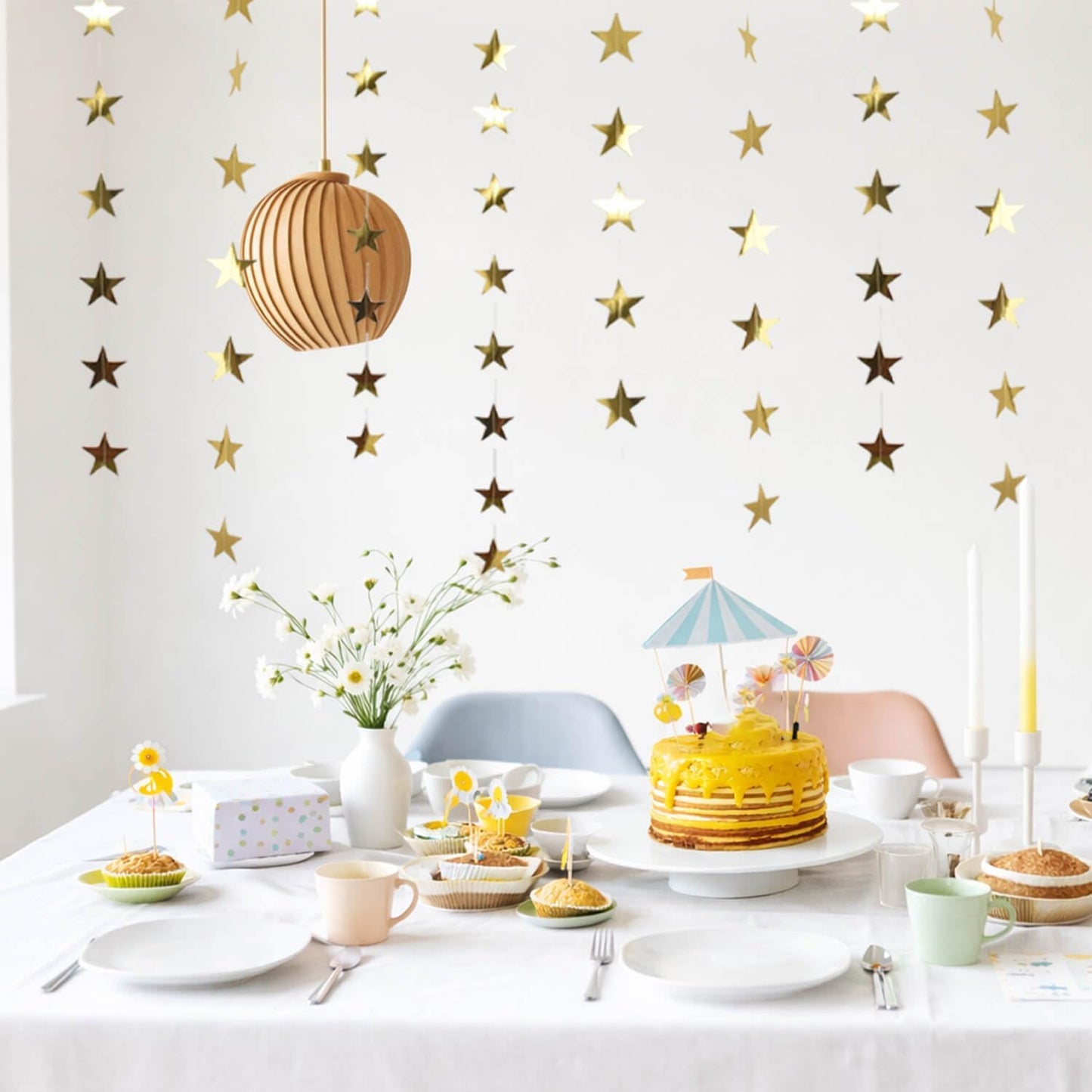105Feet Gold Star Garland Party Banner for Graduation Decorations 2026 Class Grad Birthday Hanging- Golden Double Side Twinkle Paper Stars Streamers Backdrop for Wall Ceiling Decor, 8Pack