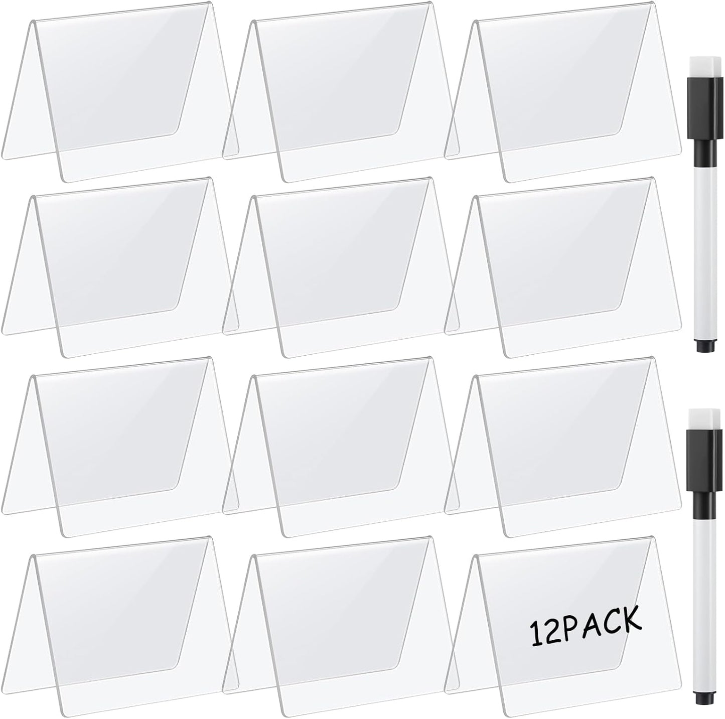 Outus 12 Pcs 4 x 3 Inches Buffet Food Labels Mini Small Chalkboard Signs White Acrylic Food Markers Little Price Signs with 2 Pcs Erasable Marker for Wedding Birthday Bakery Table Display
