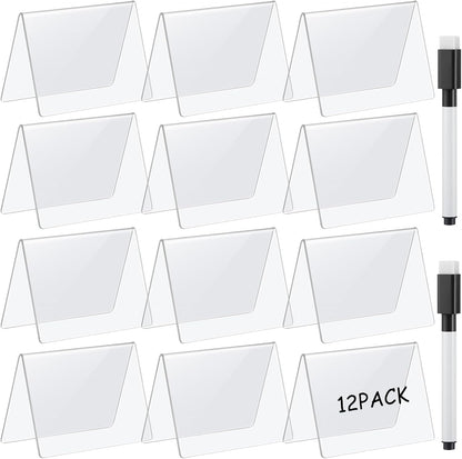 Outus 12 Pcs 4 x 3 Inches Buffet Food Labels Mini Small Chalkboard Signs White Acrylic Food Markers Little Price Signs with 2 Pcs Erasable Marker for Wedding Birthday Bakery Table Display