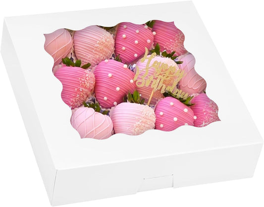 Moretoes 35pcs Bakery Boxes, 10x10x2.5 Inches Auto-Popup Cookie Boxes with Window for Pie, Cookie Cake, Treats, Pastries, Chocolate Covered Strawberries