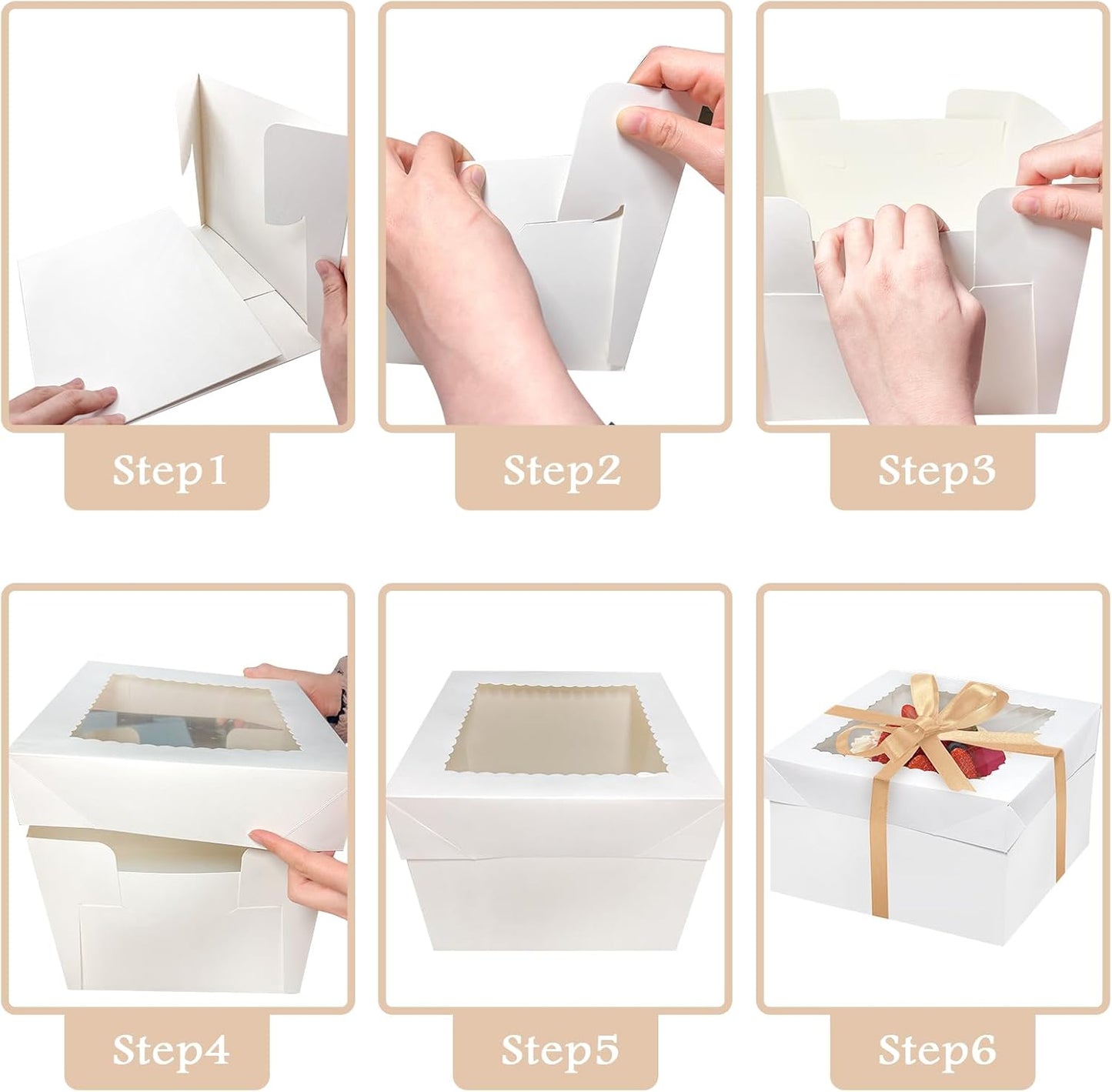 6PCS 12x12x8 Inches Cake Boxes with Boards—（3 Boxes with window & 3 Borads & 70ft Silk Ribbon） Large Square Baking Boxes for Christmas,Birthday Party, Wedding, Valentine's Day