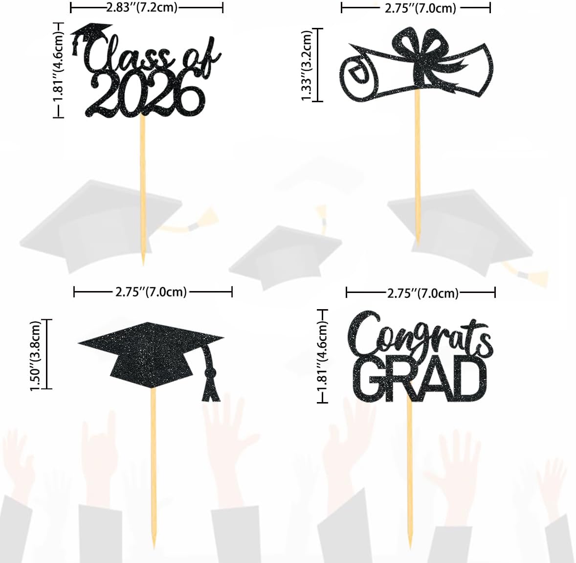 2026 Graduation Theme Cupcake Toppers Glitter Class of 2026 Graduation Cap Diploma Cupcake Picks - Set of 24 (Gold)
