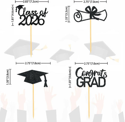 2026 Graduation Theme Cupcake Toppers Glitter Class of 2026 Graduation Cap Diploma Cupcake Picks - Set of 24 (Gold)
