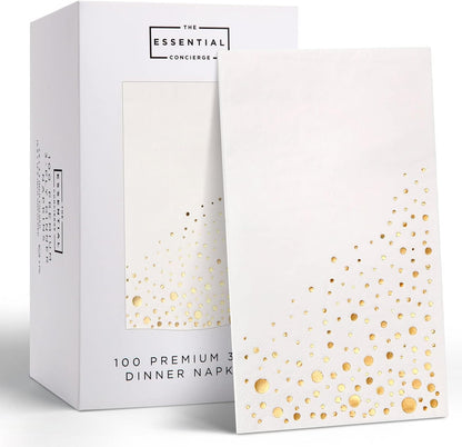 Stylish Gold Dinner Napkins, 100 White and Gold Napkins, Disposable Party Napkins, 7.5x4.25 Inch Wedding Napkins for Reception, 3-Ply Dinner Napkins, Disposable Napkins for Party, Gold Paper Napkins