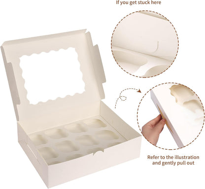TOMNK 20pcs Cupcake Boxes, Cupcake Boxes 12 Count, 13x10x3.5 Inch White Containers Bakery Holders with Windows and Inserts to Fit Muffins, Cookies