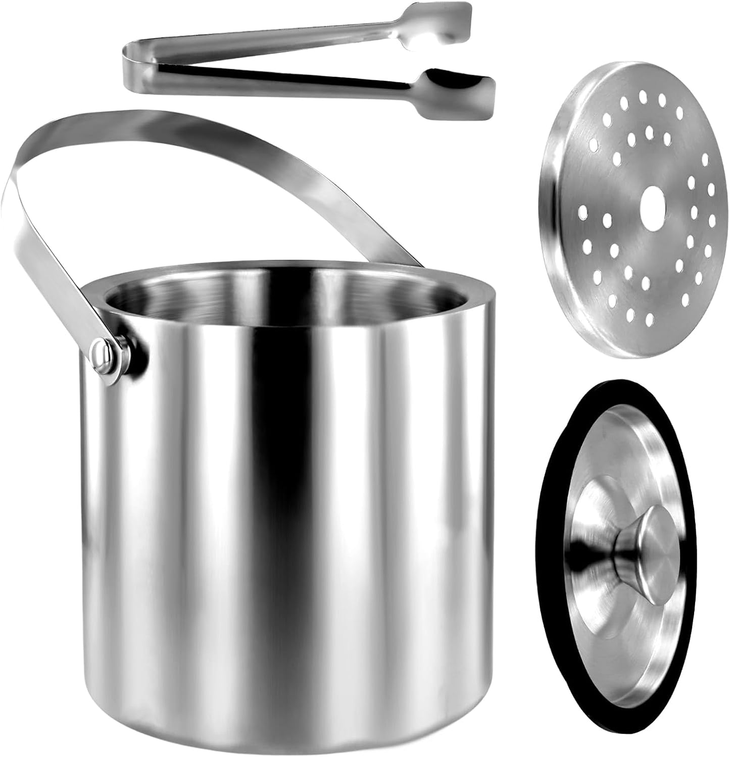 Ice Bucket with Lid Strainer Tong,2QT Double Walled Stainless Steel Insulated Ice Bucket Container,Good Sealing Ice Cube Bucket with Cover for Chilling Beer Cocktail Bar Parties