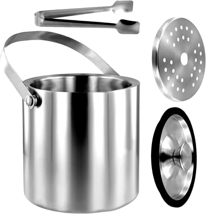 Ice Bucket with Lid Strainer Tong,2QT Double Walled Stainless Steel Insulated Ice Bucket Container,Good Sealing Ice Cube Bucket with Cover for Chilling Beer Cocktail Bar Parties