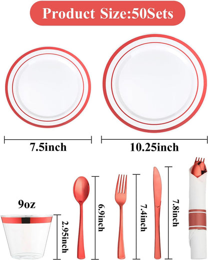 Goodluck 350 Piece Silver Plastic Dinnerware Set for 50 Guests, Fancy Disposable Plates for Party, Include: 50 Dinner Plates, 50 Dessert Plates, 50 Pre Rolled Napkins with Silver Silverware, 50 Cups