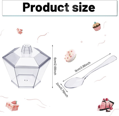 Honeydak 300 Pcs Hexagonal 3.2 oz Mini Dessert Cups with Lids and Spoons Serves 100 Hexagonal Plastic Cups with Lids for Tasting Parfait Appetizers Dessert Shot Glasses Pudding Party