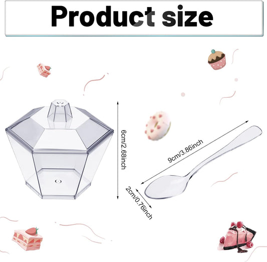 Honeydak 300 Pcs Hexagonal 3.2 oz Mini Dessert Cups with Lids and Spoons Serves 100 Hexagonal Plastic Cups with Lids for Tasting Parfait Appetizers Dessert Shot Glasses Pudding Party