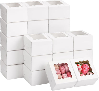 Moretoes 120pcs White Bakery Boxes, 4x4x2.5 Inch Cookie Boxes with Window for Small Cake, Treats, Donuts, Candy