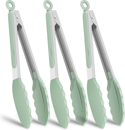 Hotec Mini Silicone Kitchen Tongs for Cooking - 7-Inch Small Serving Tongs with Silicone Tips, Set of 3 (Blue)