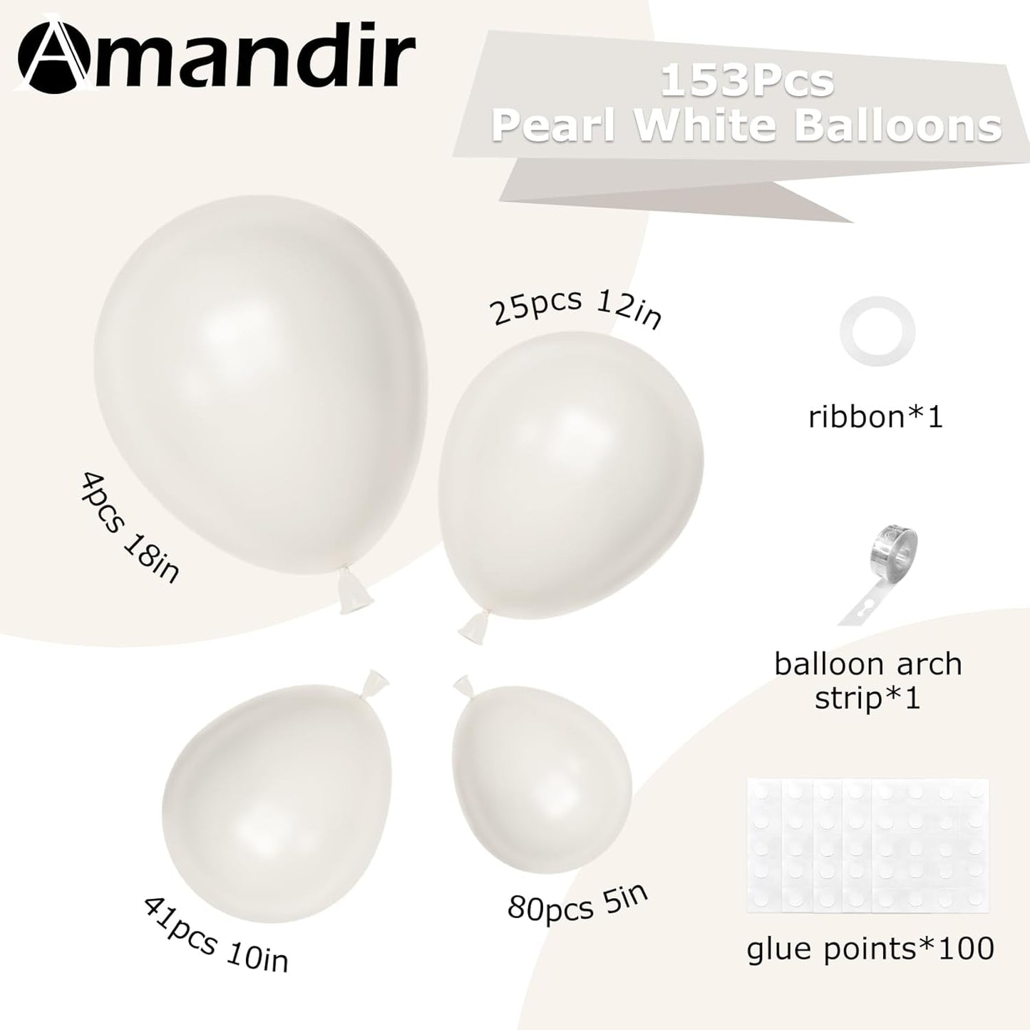 Amandir 153pcs White Sand Balloons Arch Garland Kit Different Sizes 18 12 10 5 Inch Cream Beige Sand White Latex Balloon for Birthday Boho Neutral Baby Shower Wedding Anniversary Party Decorations