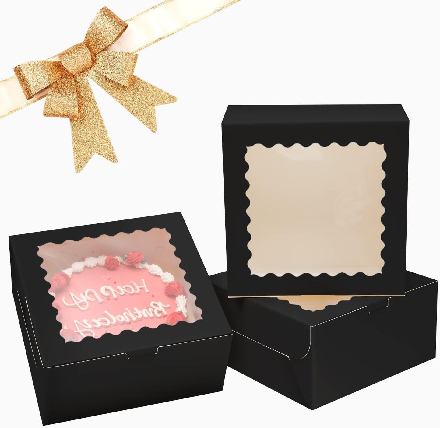 Bakepacker 36pcs 6x6x5 Inches with Window 18-Packs White 6 Inch Bakery Boxes (18 Cake Boxes +18 Cake Boards + 10 Meters Silk Ribbon Includes Included)