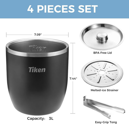 Tiken 3L Double-Wall Vacuum Insulated Ice Bucket with Lid & Tong Stainless Steel Champagne Buckets for Cocktail Bar, Parties & Outdoor
